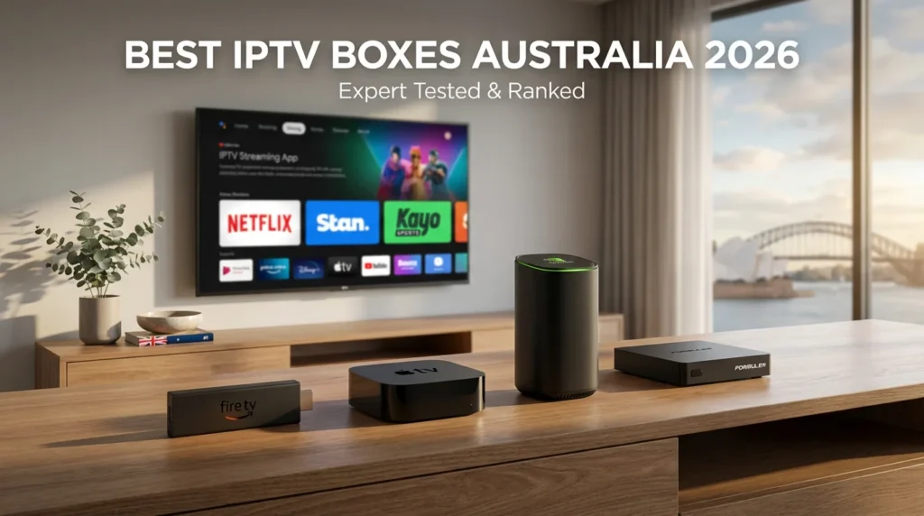 Best IPTV Boxes Australia 2026 - Fire TV Stick, Apple TV 4K, NVIDIA Shield TV Pro and Formuler Z11 on modern entertainment unit