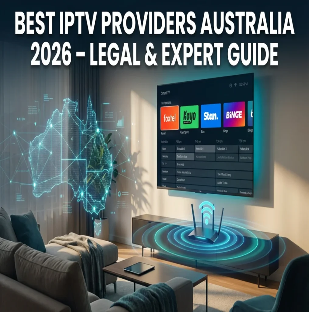 Best IPTV providers in Australia 2026 shown on a smart TV with popular Australian streaming apps and network connectivity