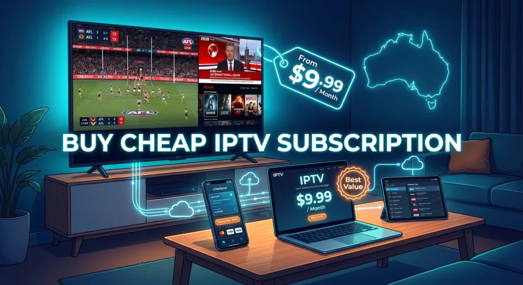 High-quality technical illustration of Australians buying an affordable IPTV service, showing multiple devices streaming TV with a bold title: BUY CHEAP IPTV SUBSCRIPTION