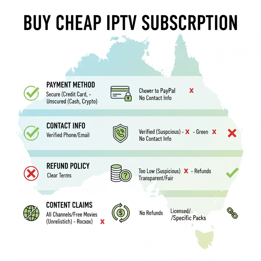 Security and safety checklist infographic for buy cheap IPTV subscription in Australia showing safe vs risky factors