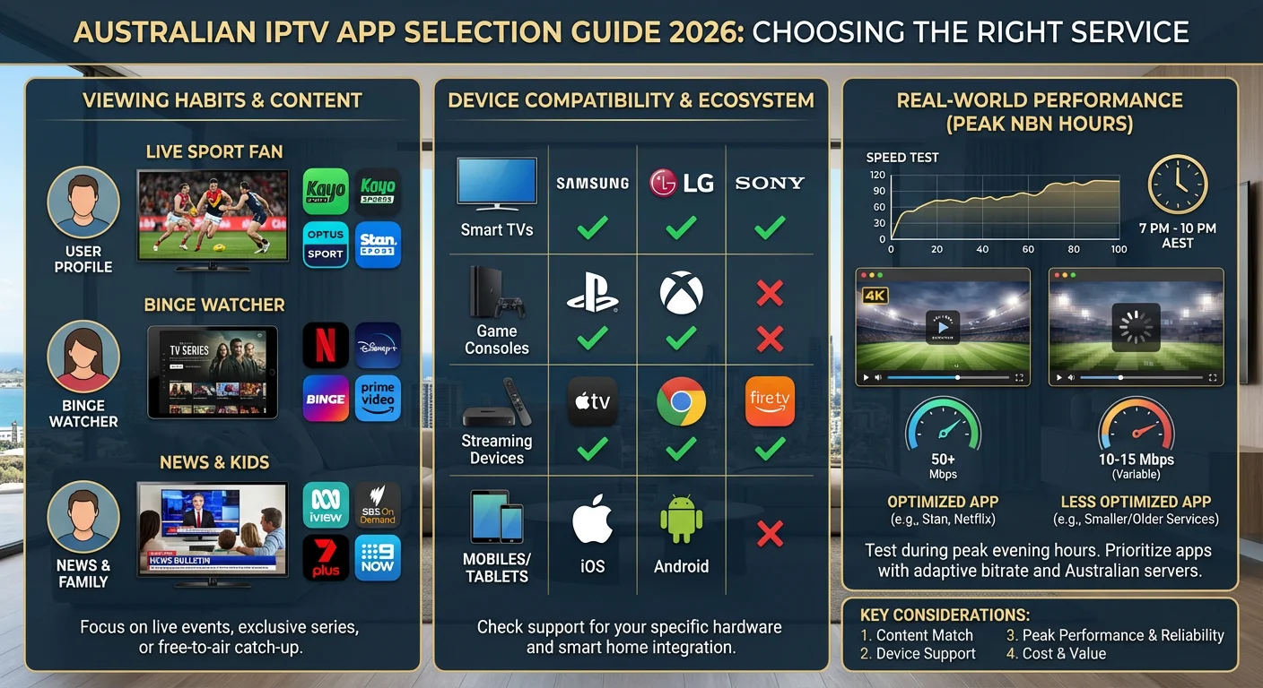 Australian household comparing IPTV apps on a smart TV, tablet, and smartphone, focusing on device compatibility and streaming performance during peak hours.