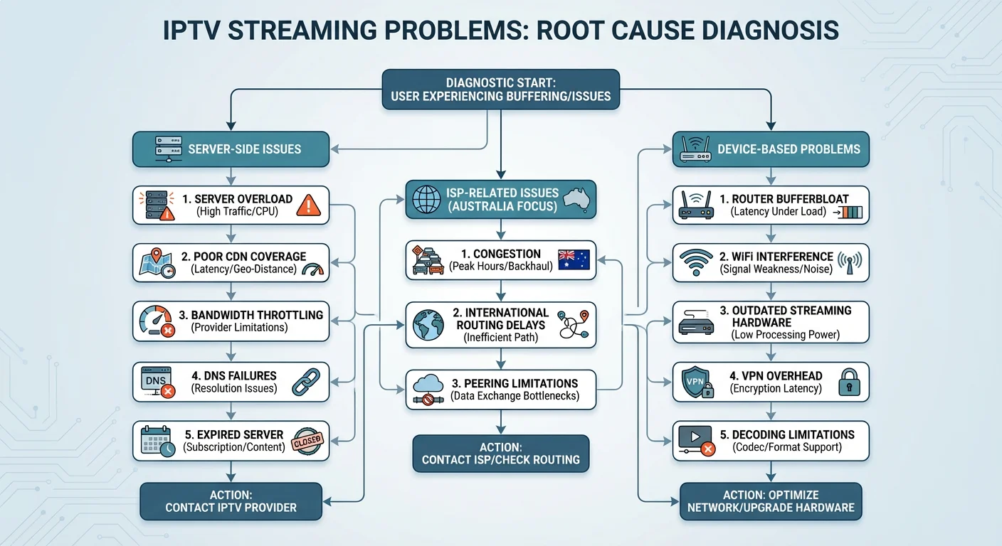 Flowchart diagram explaining common IPTV server problems, ISP issues, and device-related streaming problems