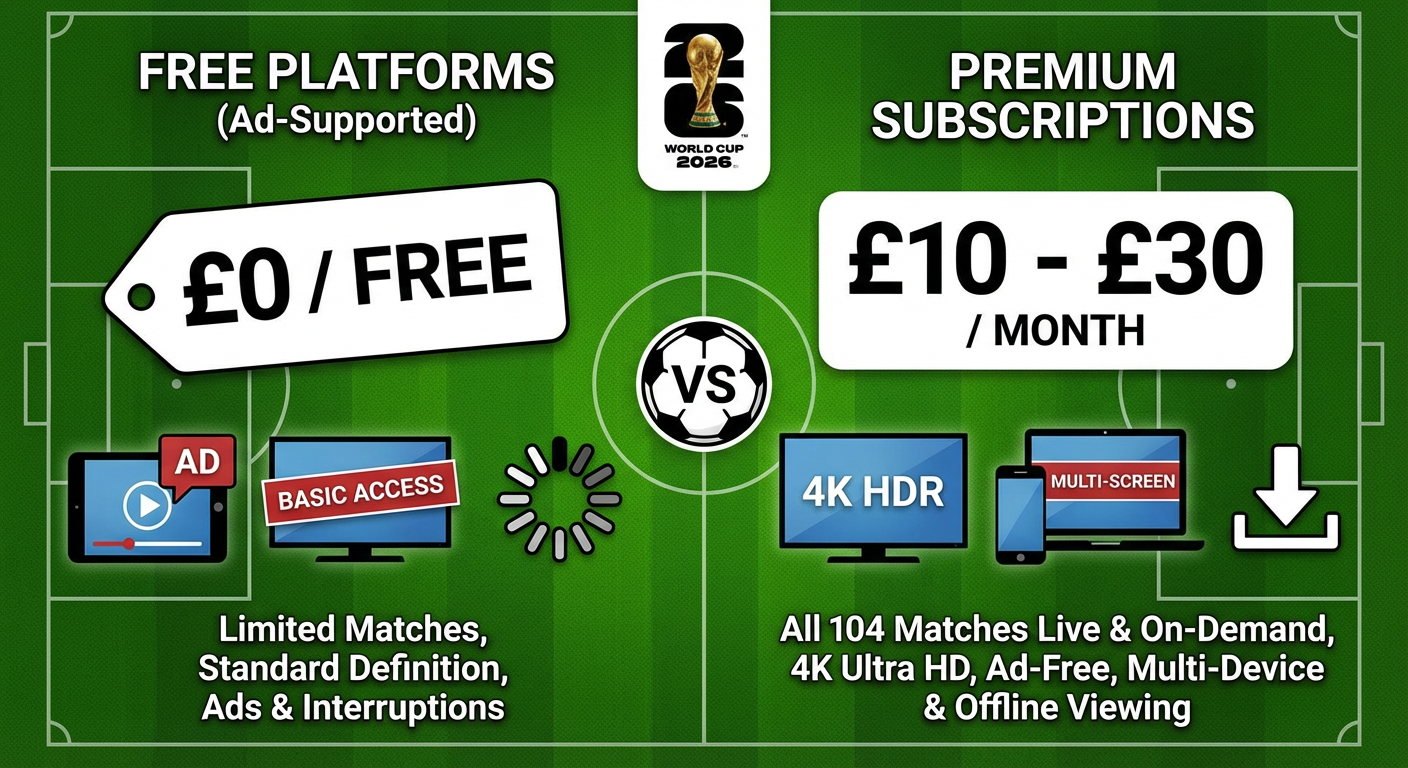 Comparison of World Cup 2026 streaming service costs between free ad-supported platforms and premium subscription services