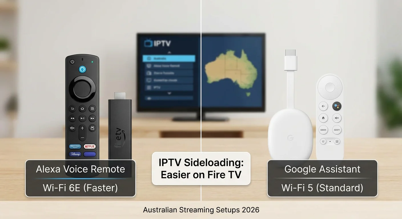 Fire TV Stick 4K Max and Chromecast with Google TV side by side with remotes, comparing features for IPTV streaming in Australia 2026
