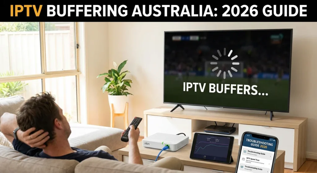 How to fix IPTV buffering in Australia – Smart TV with loading icon and troubleshooting tools