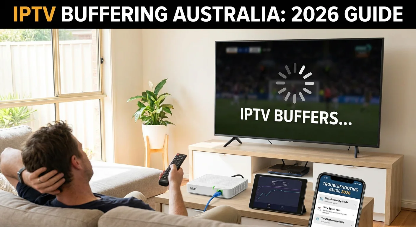How to fix IPTV buffering in Australia – Smart TV with loading icon and troubleshooting tools