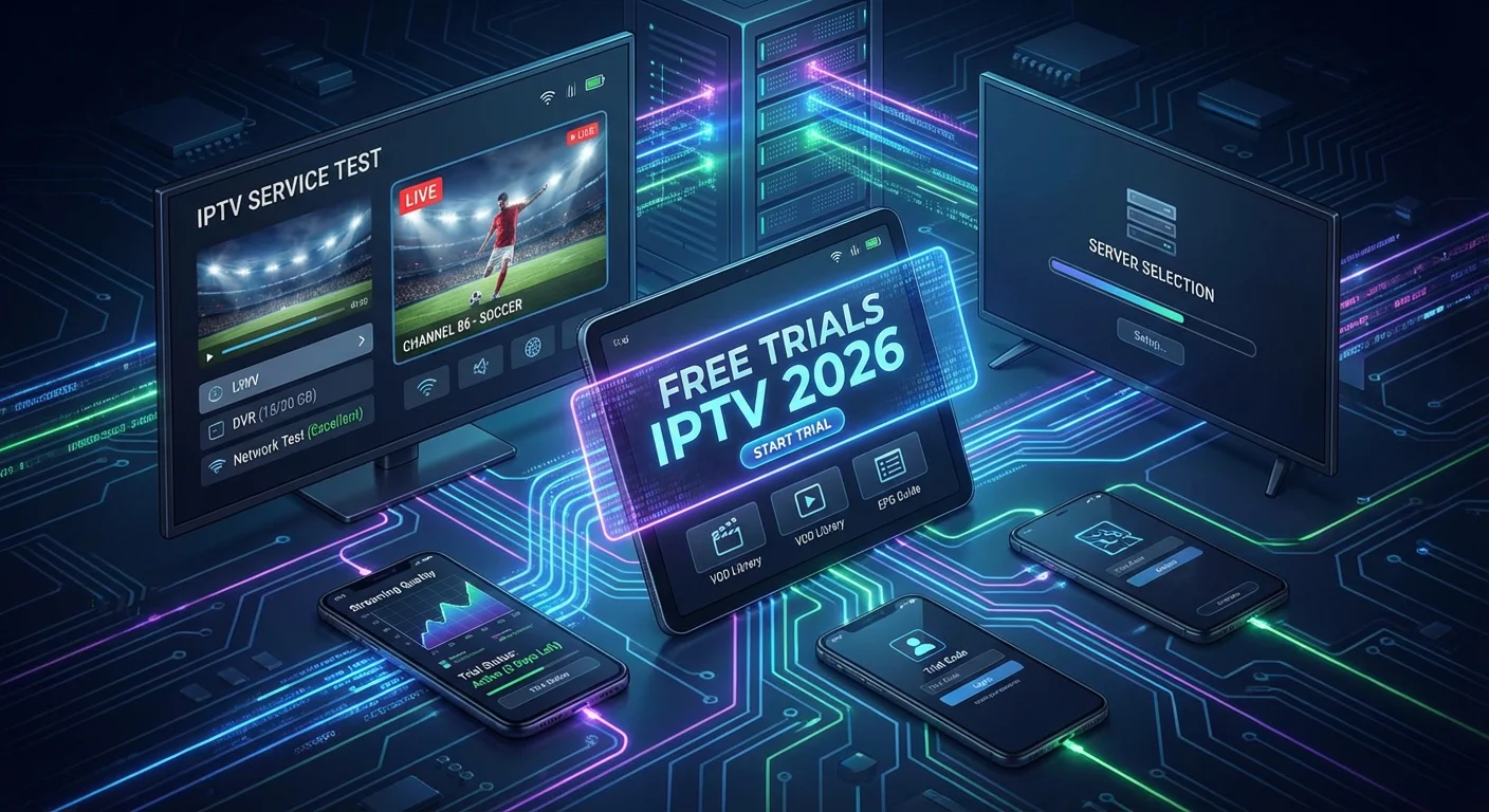 Smart TVs, tablets, and smartphones displaying IPTV trial interfaces with live channels and DVR menus, emphasizing the evaluation and testing of streaming services and Free trials IPTV 2026.