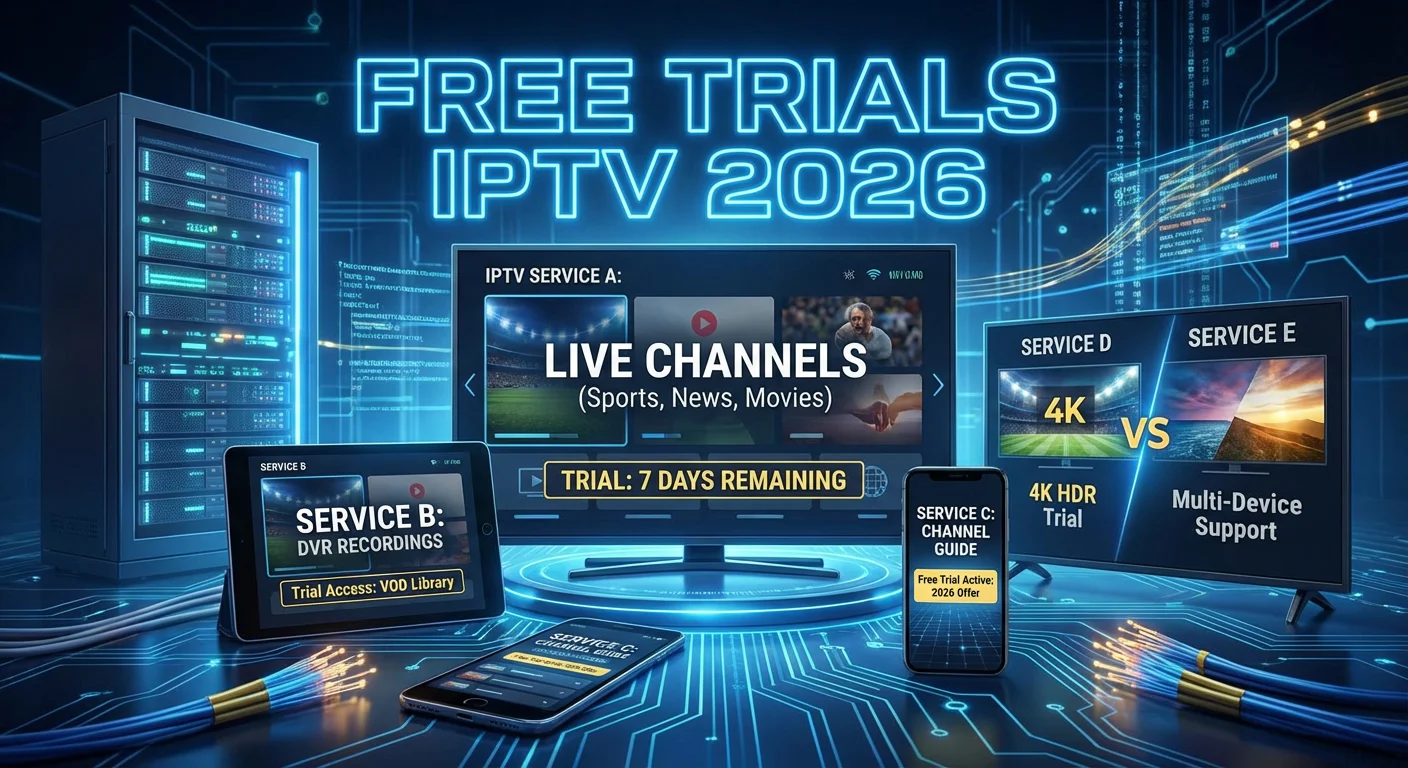 Multiple devices displaying live IPTV interfaces for top 2026 services with DVR menus and trial notifications, highlighting Free trials IPTV 2026 and a side-by-side comparison of features.