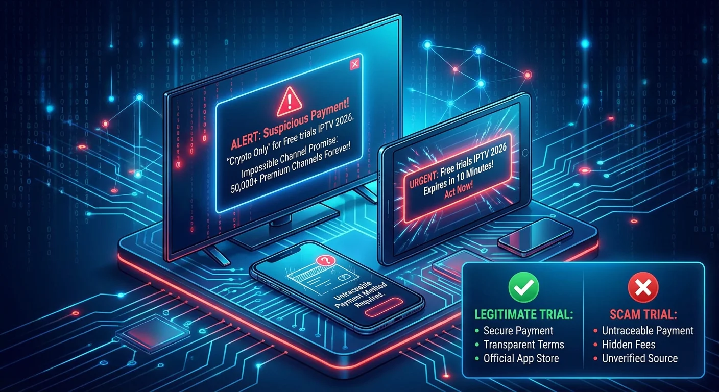 Tech-focused image showing devices displaying IPTV trial alerts, warning icons, and a side-by-side comparison of legitimate and scam services, emphasizing Free trials IPTV 2026.