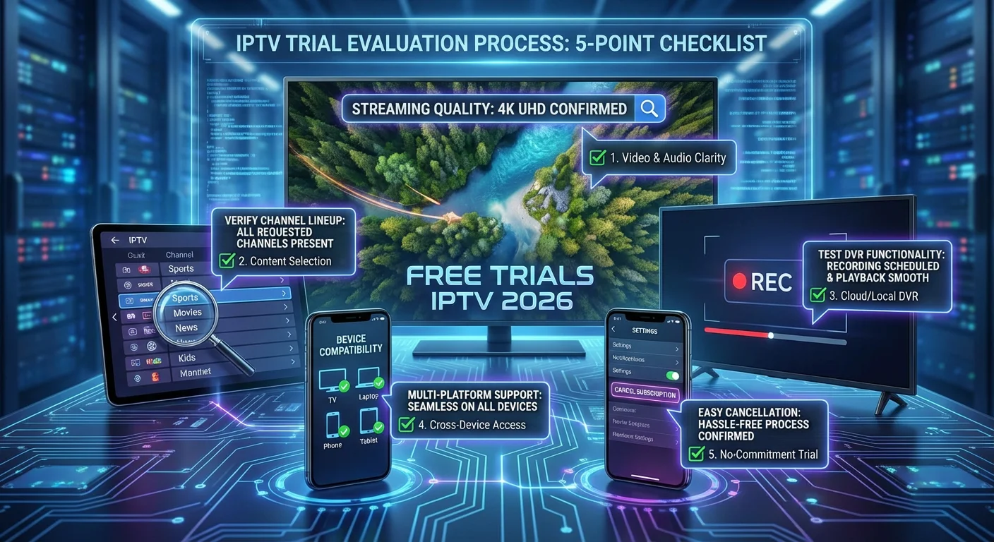 Tech illustration of multiple devices displaying IPTV trial testing steps with checklist icons for streaming quality, channel lineup, DVR, devices, and cancellation, highlighting Free trials IPTV 2026.