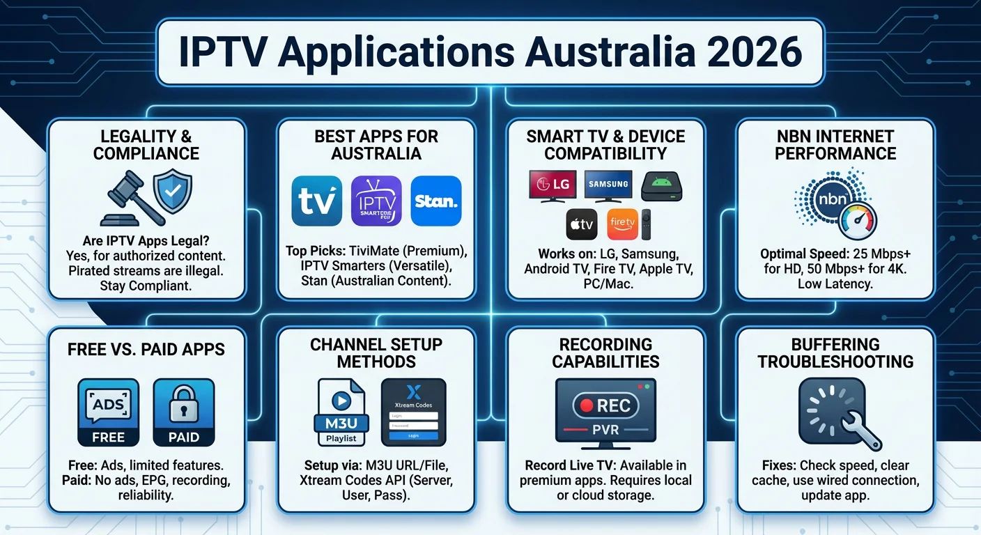 Infographic answering common questions about IPTV Applications Australia 2026, including legality, best apps, smart TV compatibility, NBN performance, free vs paid features, channel setup, recording, and buffering issues.