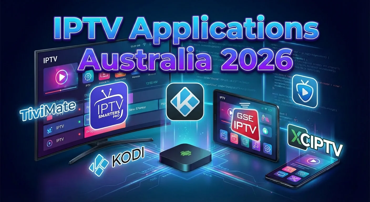 High-quality tech illustration featuring logos of popular IPTV applications including TiviMate, IPTV Smarters Pro, Kodi, GSE Smart IPTV, and XCIPTV, with bold text “IPTV Applications Australia 2026” at the center. Futuristic streaming and digital interface elements in the background.