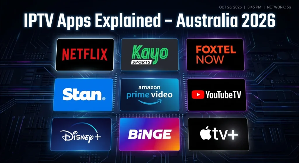 Editorial image showing logos of well-known IPTV and streaming apps used in Australia, including Netflix, Kayo Sports, Foxtel Now, Stan, and Amazon Prime Video, representing IPTV apps explained for Australian users in 2026.