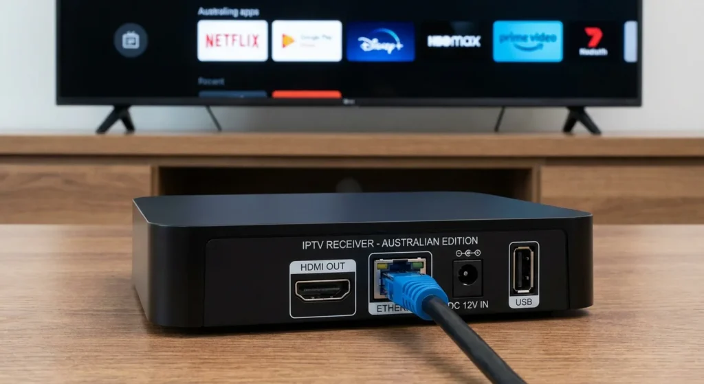 IPTV box user interface on a smart TV screen, showing popular Australian streaming apps