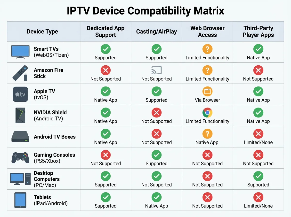 Technical compatibility diagram showing IPTV support across Smart TVs, streaming boxes, gaming consoles, computers, and tablets in Australia.