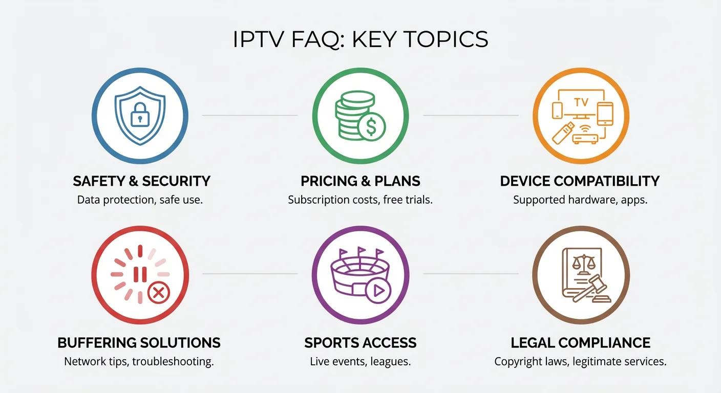 Technical FAQ illustration summarizing key IPTV topics such as safety, pricing, devices, buffering, and legality in Australia.