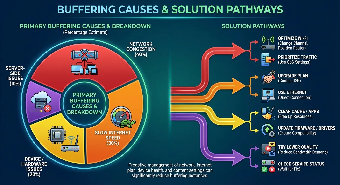 Infographic showing the main causes of IPTV buffering on Firestick with percentage breakdowns and suggested solutions