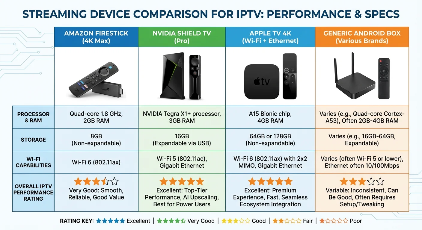 Comparison chart showing different streaming devices for IPTV with images, specifications, and performance ratings