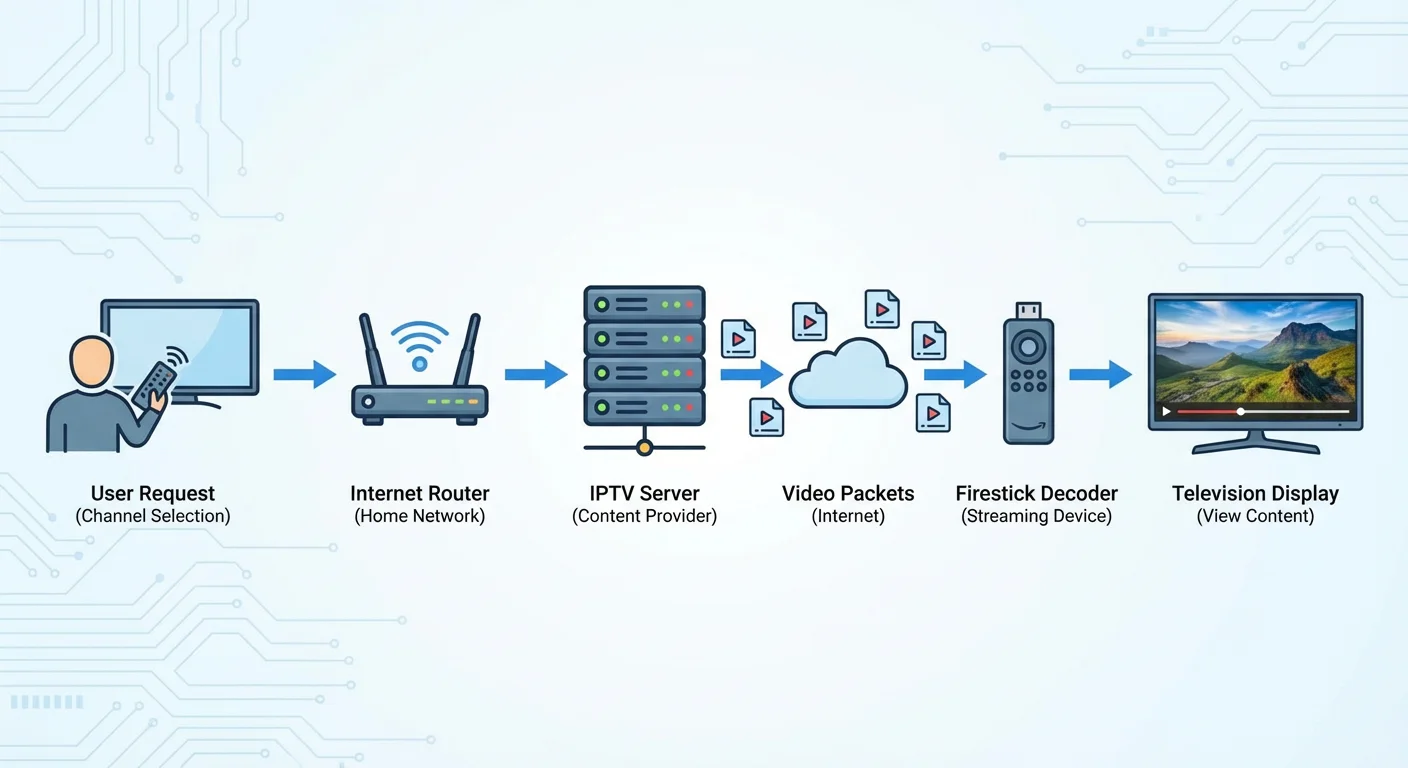 Flow diagram showing how IPTV works on Firestick from user request to TV display
