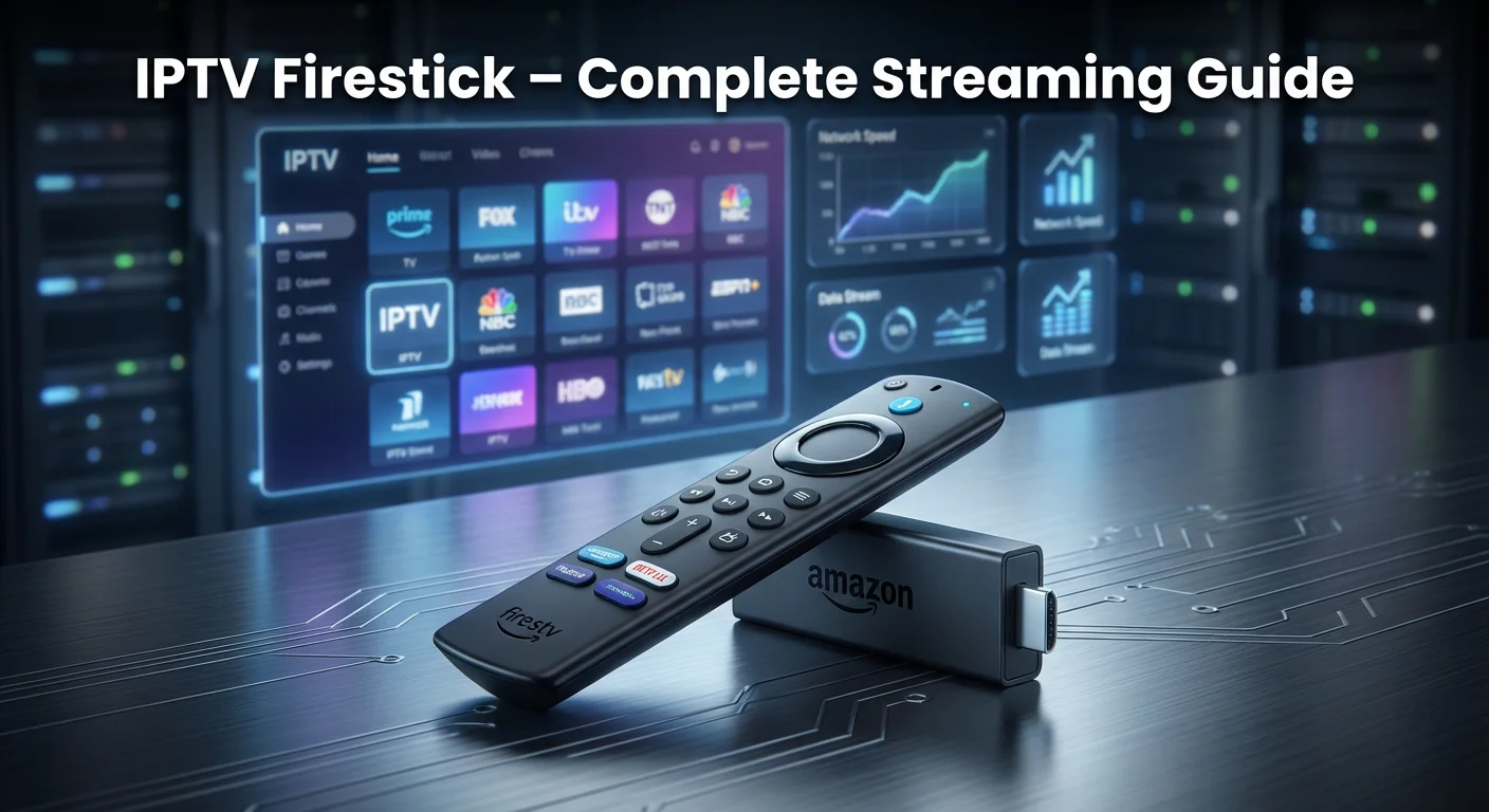 Real Amazon IPTV Firestick device and remote on a dark technical background with abstract streaming interface elements