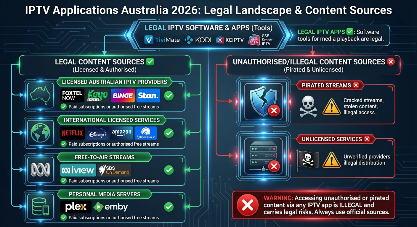 Infographic showing the legal and illegal IPTV content sources in Australia 2026. Highlights that IPTV player applications are legal software tools, while unauthorised or pirated content streams are illegal. Visual includes icons for licensed providers, personal media servers, free-to-air streams, and warning signs for illegal sources.
