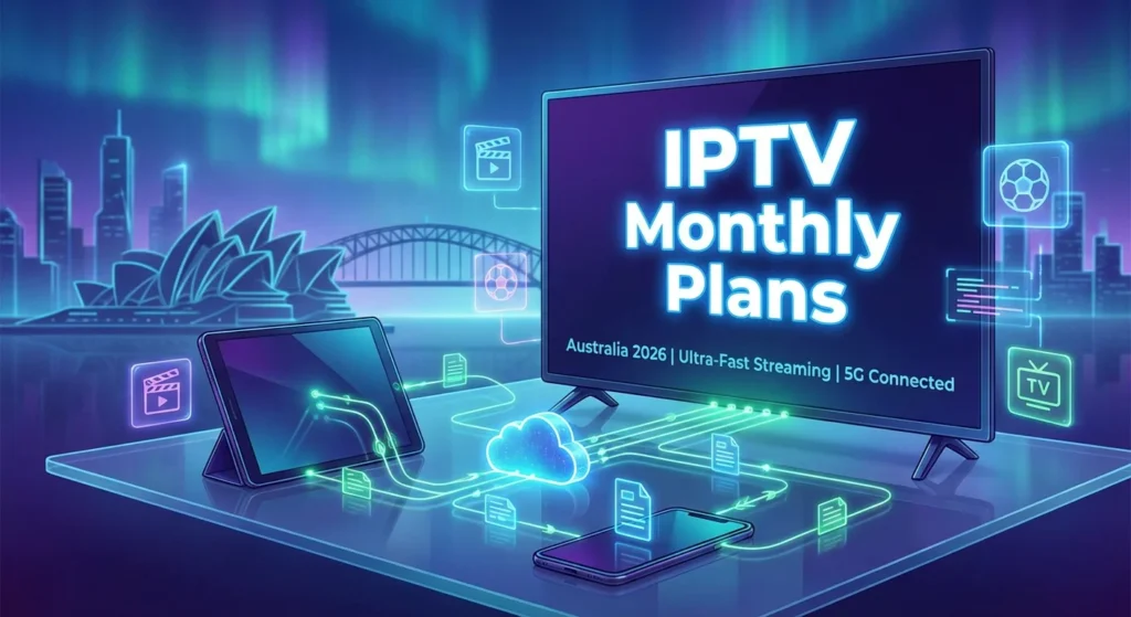 Modern high-tech illustration showing a smart TV, tablet, and smartphone streaming content over glowing network lines. Bold text "IPTV Monthly Plans" displayed prominently on the main screen, representing internet-based TV delivery for Australian viewers in 2026.