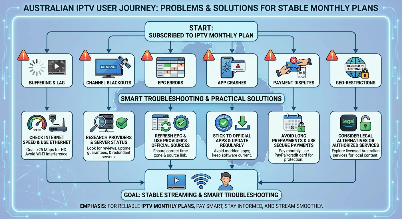 Troubleshooting flowchart showing common problems faced by Australians using IPTV Monthly Plans, including buffering, channel blackouts, app crashes, payment disputes, and geo-blocks. Highlights practical solutions for stable streaming.