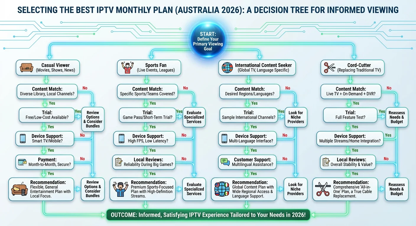 Decision tree diagram showing how Australians can choose the right IPTV Monthly Plans based on user type, budget, content needs, and device compatibility. Highlights practical factors for selecting licensed and reliable services.
