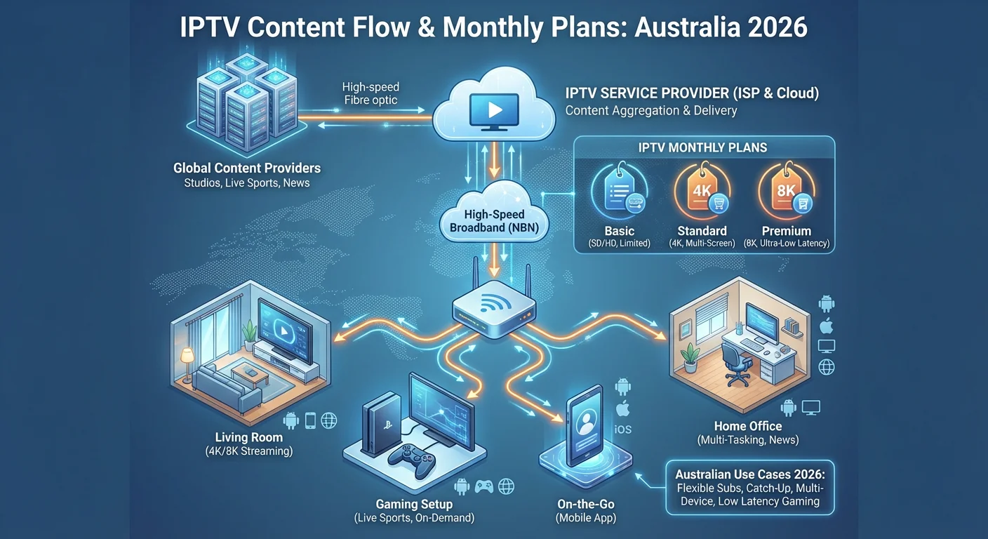 Diagram illustrating how IPTV Monthly Plans deliver live TV and on-demand content from provider servers through the internet to home devices like smart TVs, tablets, and smartphones. Highlights internet-based streaming technology for Australian households.