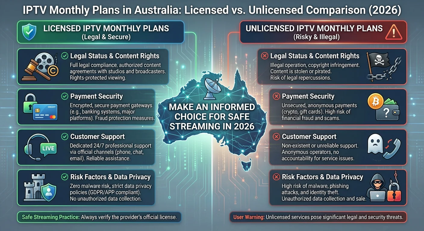 Infographic comparing licensed and unlicensed IPTV Monthly Plans in Australia. Shows differences in content rights, legal status, reliability, payment security, customer support, and user risk. Highlights safety concerns like malware, phishing, and data theft.