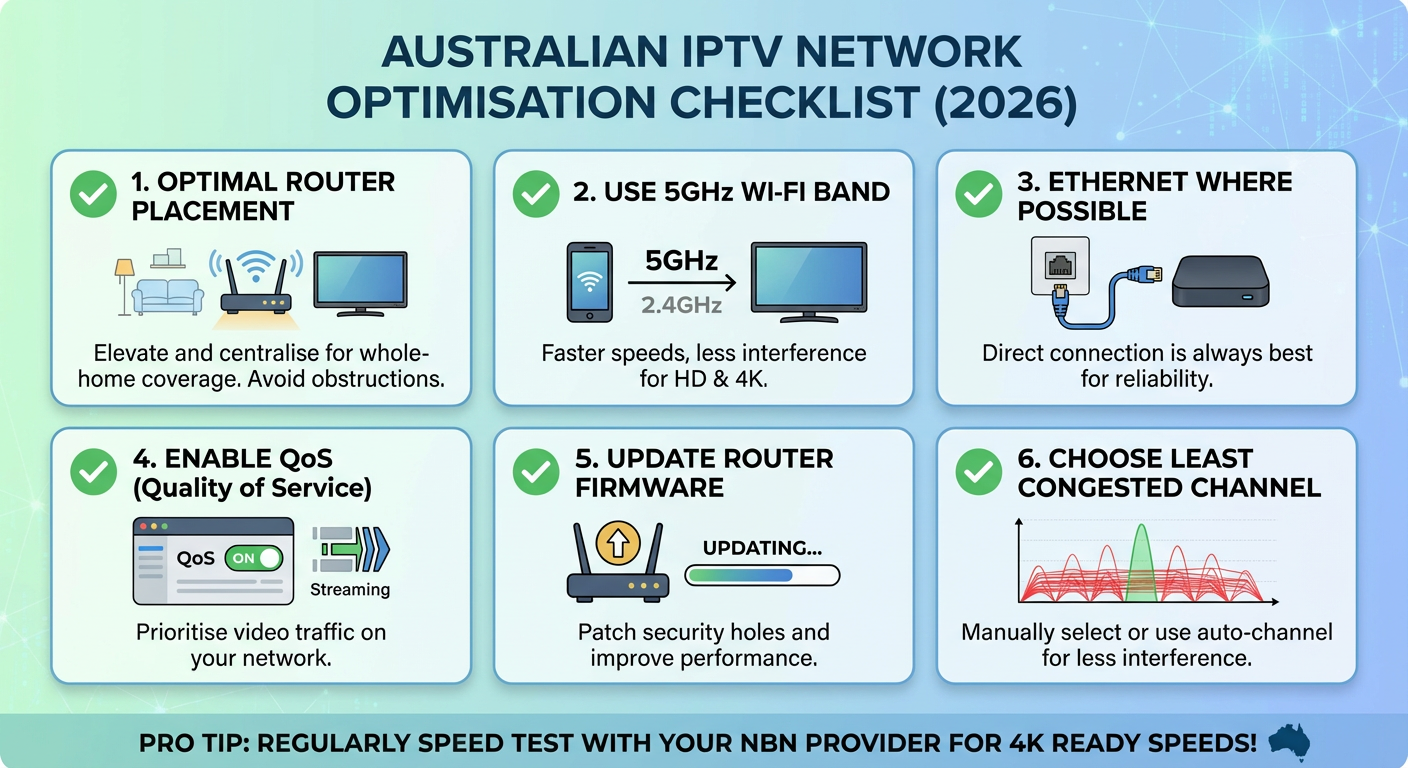 IPTV network optimisation checklist for Australian NBN connections including Wi-Fi, router placement, and Ethernet setup