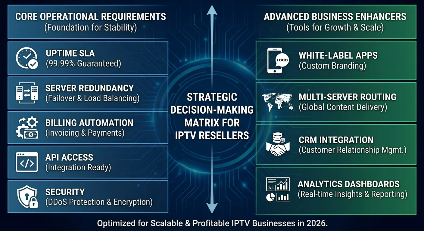 Infographic comparing essential and optional features in professional IPTV reseller panels including uptime, API, billing, security, and white-label tools