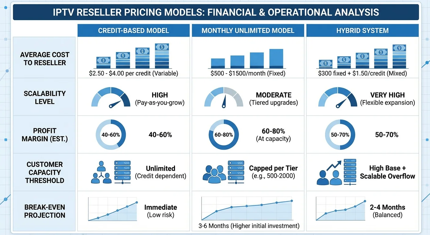 Cost comparison chart of IPTV reseller pricing models including credit-based, unlimited monthly, and hybrid plans with projected profit margins