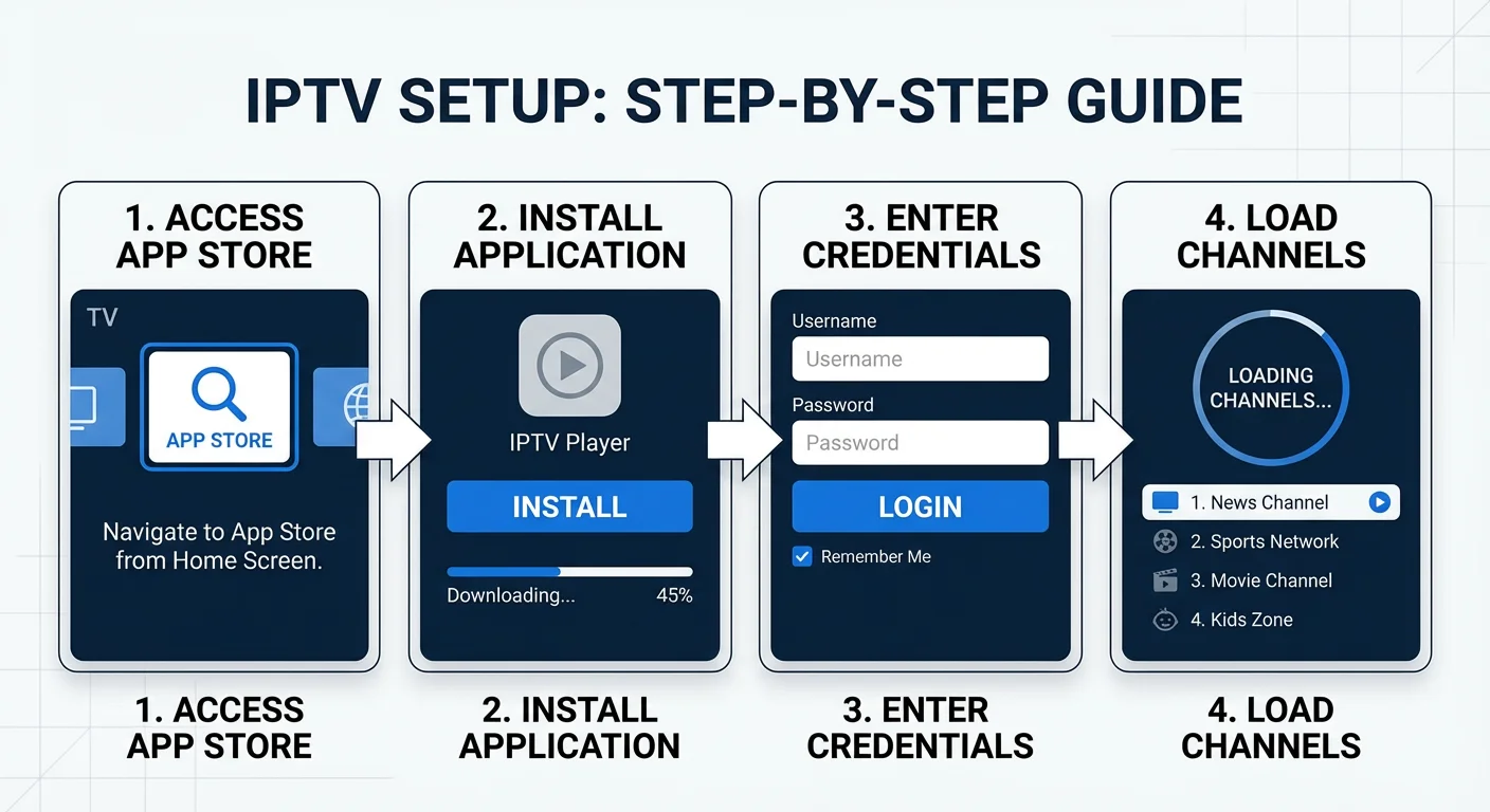 Step-by-step IPTV setup process on a streaming device showing app installation, login, and channel loading screens.