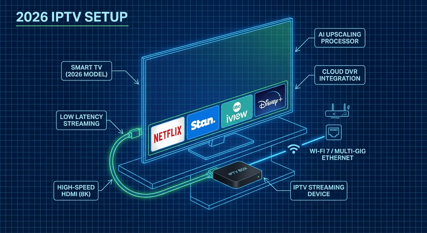 Diagram of a smart TV connected to an IPTV box showing streaming apps, HDMI connection, and network setup for optimal performance in 2026.