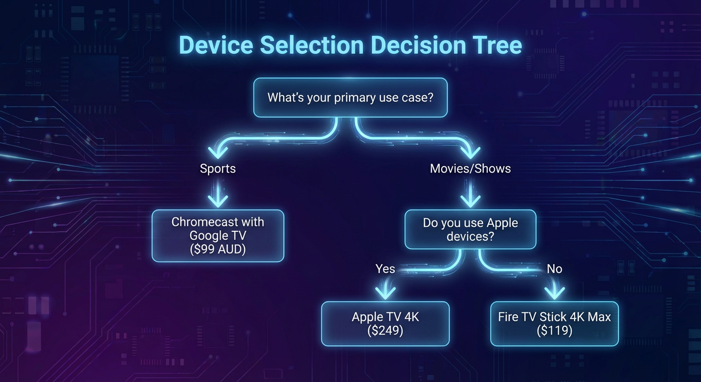 IPTV streaming device selection decision tree for Australian users comparing Chromecast, Apple TV 4K, and Fire TV Stick