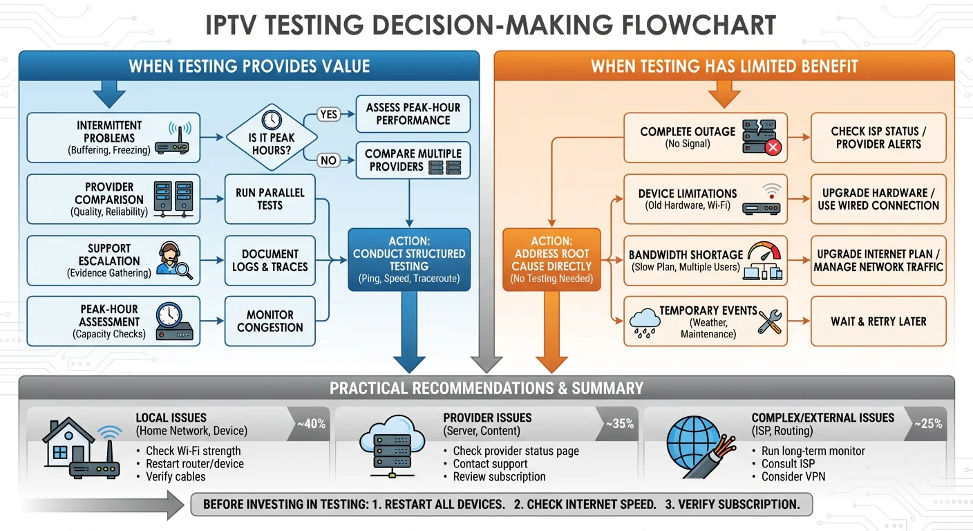 Decision tree flowchart illustrating when IPTV server testing is useful, when it provides limited benefit, and practical recommendations for users.