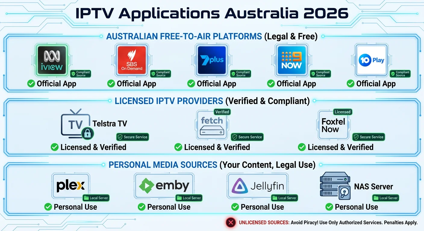 Infographic showing legal IPTV content sources in Australia for 2026, including ABC iview, SBS On Demand, 7plus, 9Now, 10 Play, licensed IPTV providers, and personal media platforms like Plex, Emby, and Jellyfin. Focus keyword “IPTV Applications Australia 2026” displayed prominently.