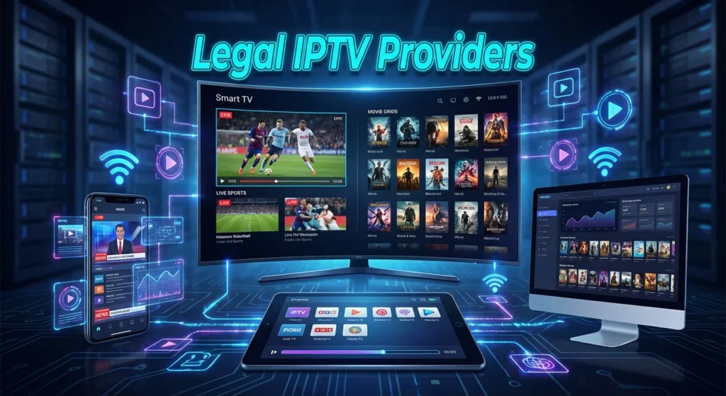 Digital streaming setup showing multiple devices (Smart TV, tablet, smartphone, desktop) with IPTV interface. Bold text "Legal IPTV Providers" on the main screen. High-tech UI with live channels, sports, and on-demand content.
