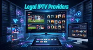 Digital streaming setup showing multiple devices (Smart TV, tablet, smartphone, desktop) with IPTV interface. Bold text "Legal IPTV Providers" on the main screen. High-tech UI with live channels, sports, and on-demand content.