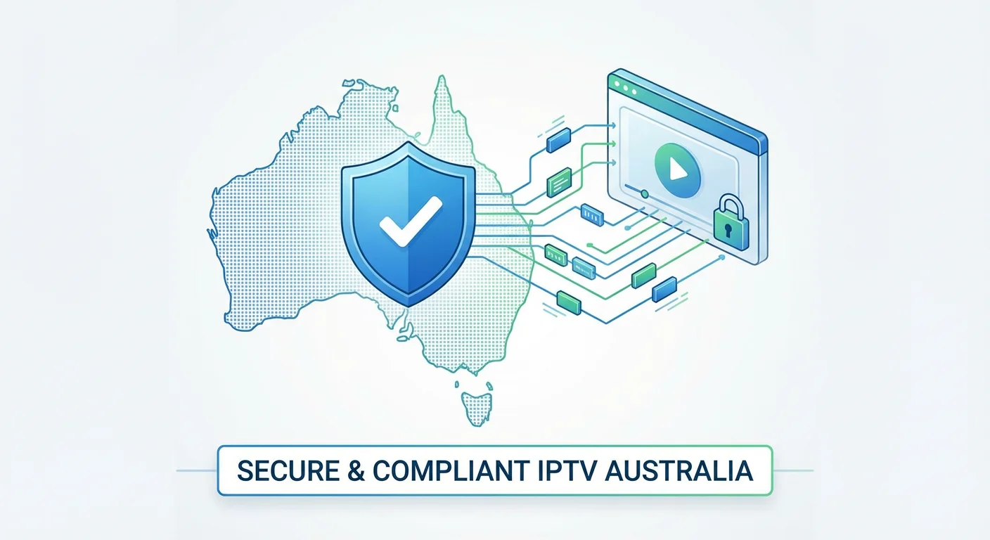 Clean technical illustration representing safe and legal IPTV streaming in Australia with focus on compliance, reliability, and user confidence.