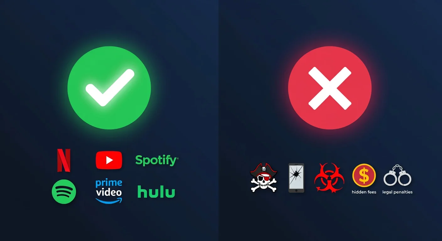 Comparison infographic showing differences between legal and illegal IPTV services