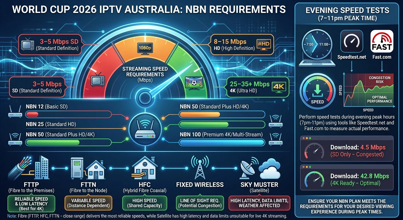 Infographic for NBN requirements for World Cup 2026 IPTV Australia, showing a speedometer with 12, 25, 50 and 100 Mbps tiers, highlighting NBN 50 as the recommended baseline for 4K SBS streaming, plus icons for FTTP, FTTN, HFC, Fixed Wireless and Sky Muster with a warning label on satellite.
