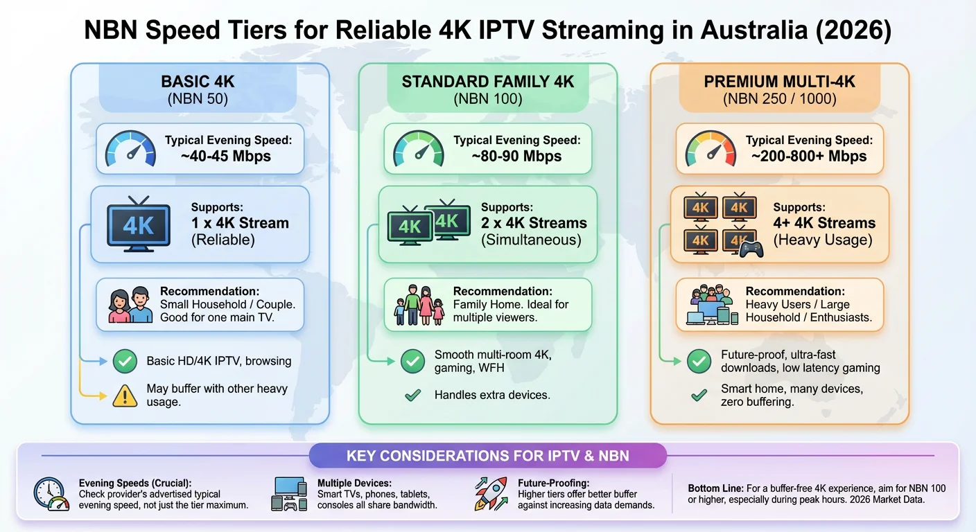 Infographic showing NBN speed requirements for 4K IPTV streaming in Australia 2026, including single and multiple stream scenarios
