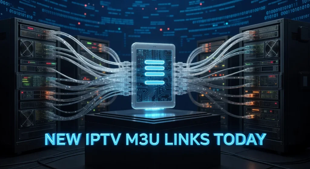 Digital illustration showing M3U playlist file connected to streaming servers with text New IPTV M3U Links Today