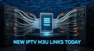 Digital illustration showing M3U playlist file connected to streaming servers with text New IPTV M3U Links Today