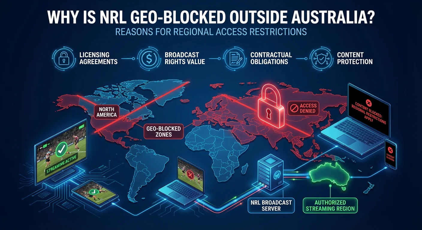 Digital illustration showing world map with geo-blocking indicators, network signals, and streaming devices. Bold overlay text reads: “Why Is NRL Geo-Blocked Outside Australia?”