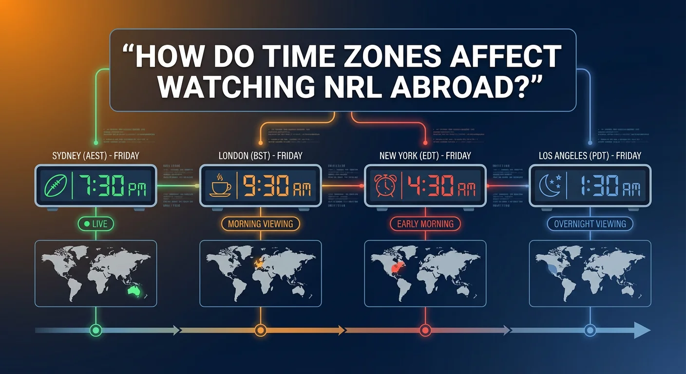 Graphic showing multiple clocks around the world with NRL match times, highlighting time zone differences. Overlay text: “How Do Time Zones Affect Watching NRL Abroad?”