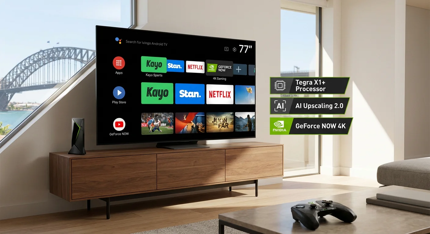 NVIDIA Shield TV Pro with gaming controller and streaming interface on TV, showcasing best premium Android TV box for IPTV in Australia 2026
