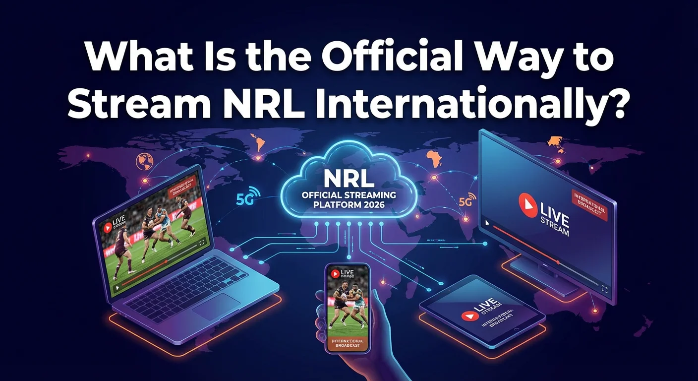 High-quality digital illustration showing live NRL streaming on laptop, tablet, and smartphone. Bold overlay text reads: “What Is the Official Way to Stream NRL Internationally?